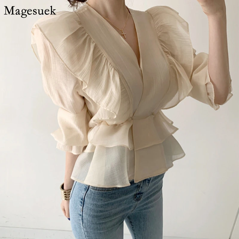Fashion Vintage Chiffon Blouse Women 2021 New Puff Sleeve Ruffles V-neck Shirt Women Silm Casual Womens Blouses Tops Mujer 10334