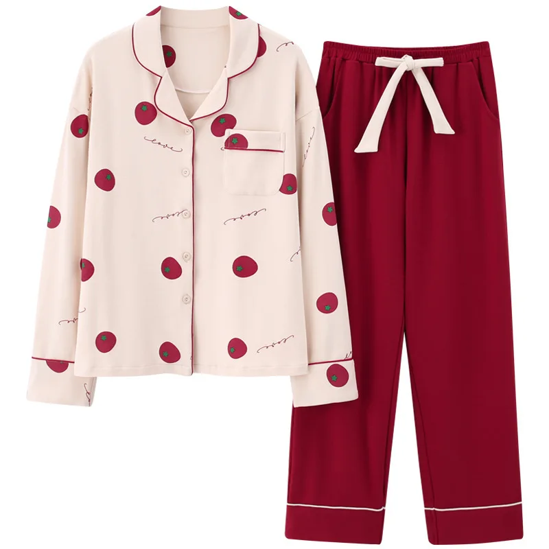 Осенне-зимний женский пижамный комплект с принтом, пижамный комплект с длинным рукавом, Женский пижамный комплект, Мягкая Милая Красная домашняя одежда