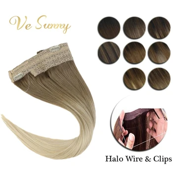 

[Hot Sale]VeSunny Halo Hair Extensions Real Human Hair Invisible Wire Machine Remy Hair Fishing Line Flip in with 2 Clips 80gr