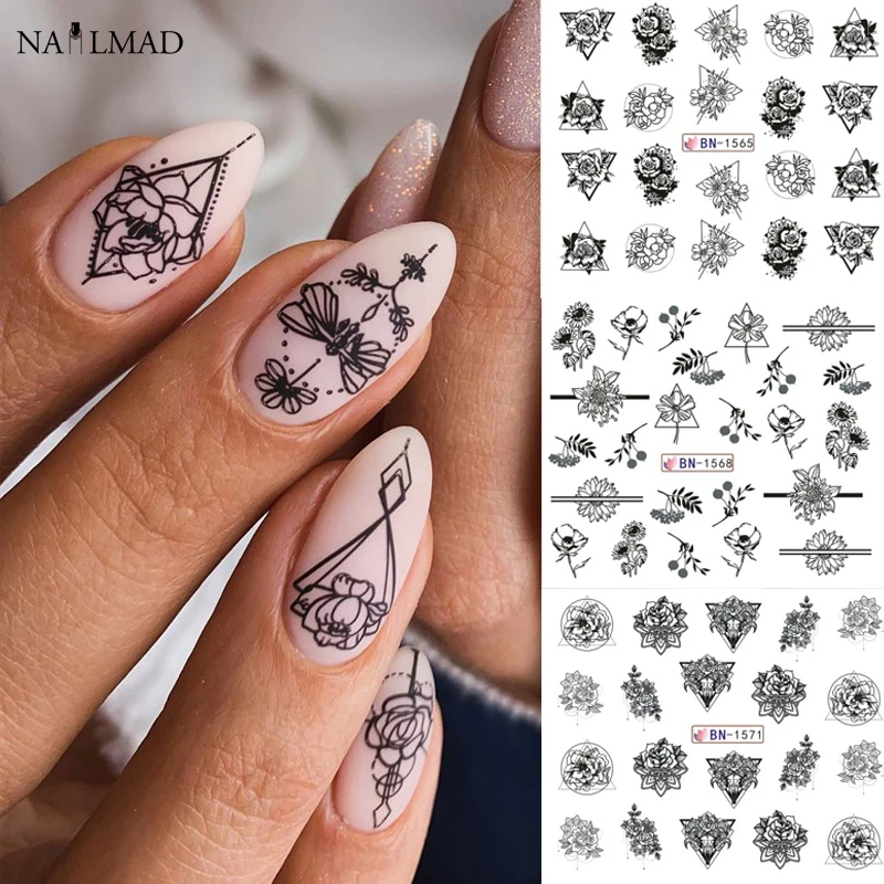 

12pcs Geometric Flower Slider Nail Sticker Rose Flower Water Transfer Decals Triangle Nail Art Tattoo Decorations