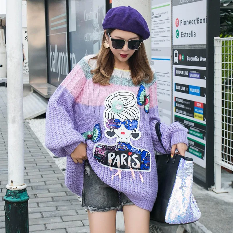 

EWQ Streetwear Long-sleeved Printed Sequins Striped O Neck Cartoon Pullovers Knit Large Size Winter Sweater 2019 Autumn NewQK917