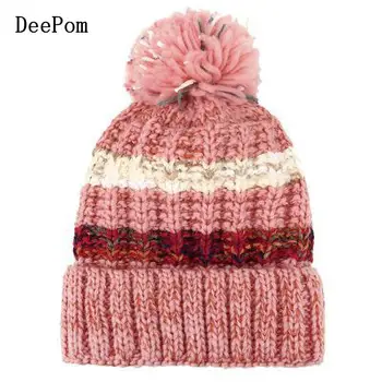 

DeePom Women Hat Winter Ear Protecting Windproof Wool Knitted Cap Thickening Velvet Beanies Bonnet Stripe Pompom Hat Female