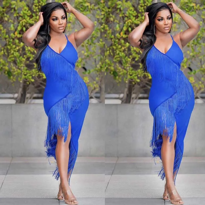 

wholesale 2019 Newest Women dress black blue V-neck tassel Sexy nightclub Celebrity Cocktail party bandage dress