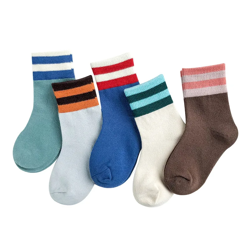 5 пар/лот, Детские хлопковые носки для мальчиков и девочек, милые спортивные носки в полоску с мультипликационным принтом для малышей на осень и зиму, модные детские носки с вышивкой - Цвет: C107