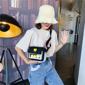

Women Canvas Bag Transparent Square Crossbody Bag Female Cartoon Zipper Messenger Bags Cute Girl Shoulder Handbags @A13