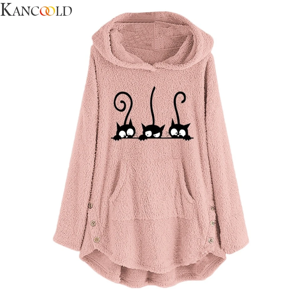 Фото KANCOOLD Womens Fleece Cat Embroidery Plus Size Warm Hoodie Top Button Sweatershirt Female Autumn Winter New Fashion S-XXXXXL | Женская