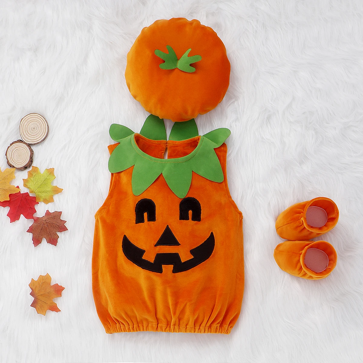 

Baby Boys Girl Halloween Outfits 3pcs Clothes Pumpkin Suit Sleeveless Vest Tops+Hat+Shoes Cosplay Photography Prop Costume