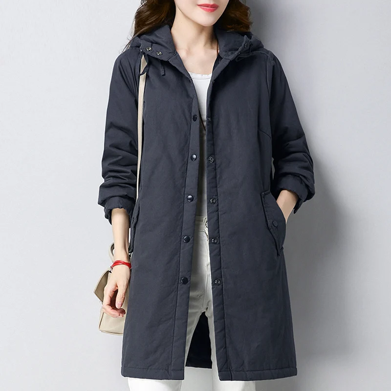 

New Women Long section Coats Autumn and Winter Hooded Warm Parkas Outwear Female Casual Single Breasted Cotton Jacket