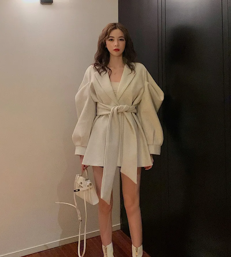 RUGOD Autumn Winter New Style Chic Vintage Puff Sleeve Wool Coat Belted Collect Waist Kpop Clothes Fashion 2019 | Женская одежда