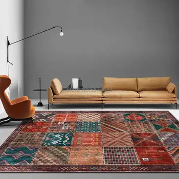 

Retro Ethnic Style Geometric Square Stitching Dark Red Brown Living Room Bedroom Bedside Carpet Floor Mat Customization