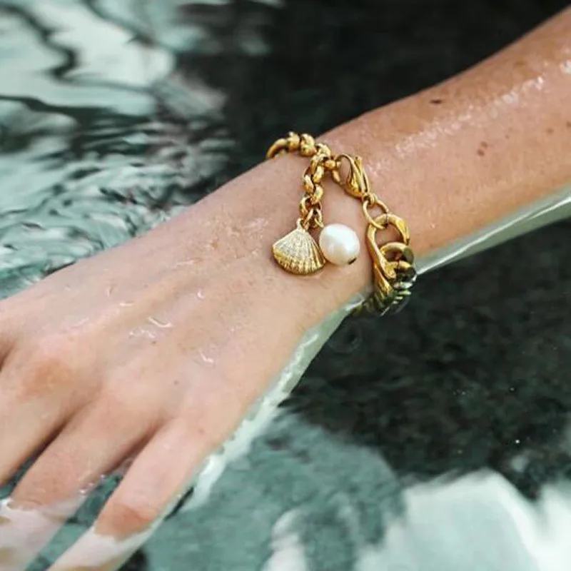 

GIVVLLRY Punk Chunky Link Chain Bracelets for Women Bohemian Metal Shell Imitation Pearl Charm Bracelets Fashion Jewelry