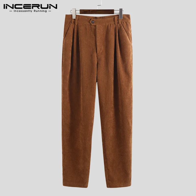 INCERUN осенние винтажные брюки мужские вельветовые однотонные штаны для уличного бега повседневные деловые брюки мужские широкие прямые брюки - Цвет: Coffee Pants
