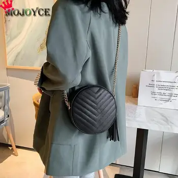 

Portable Round Women Shoulder Bags Solid PU Leather Messenger Chain Bag Ladies Fashion Tassel Crossbody Handbags