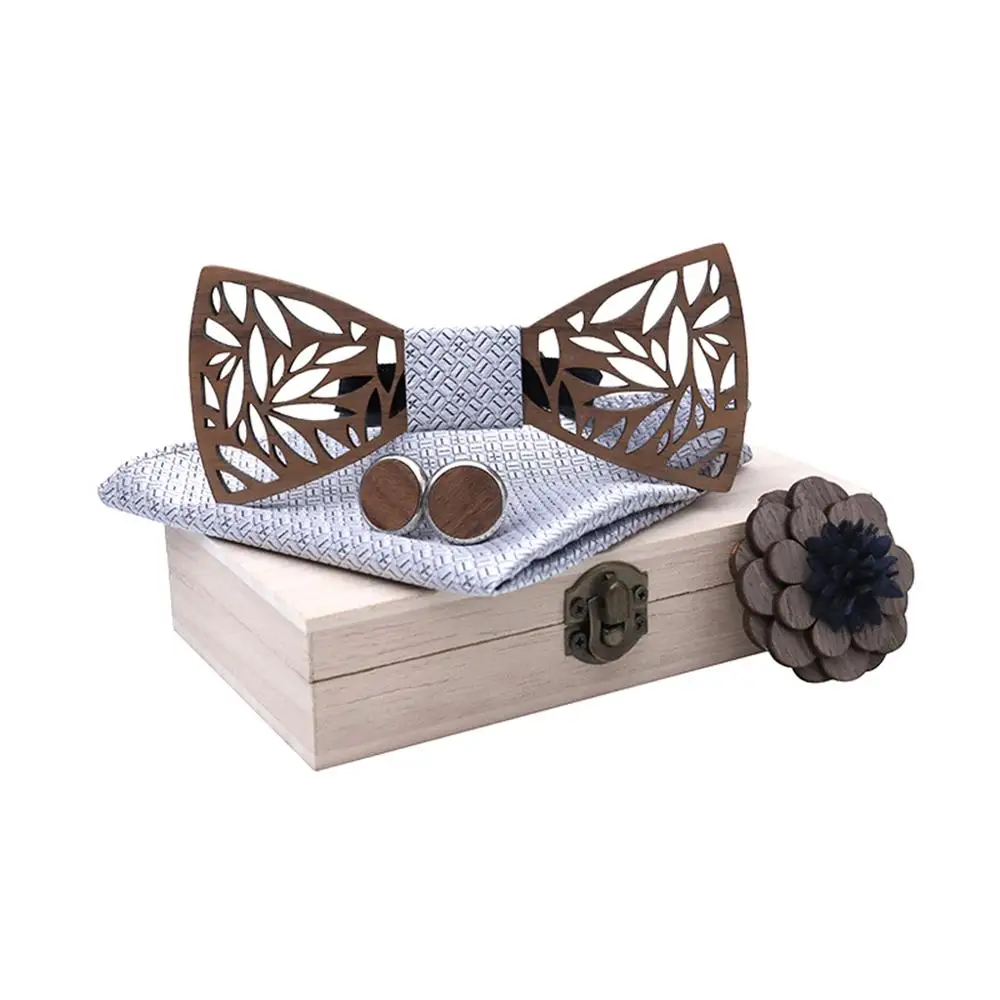  Wooden Bow Tie Handkerchief Set Men Women Hollow Carved Floral Corsage Cufflinks