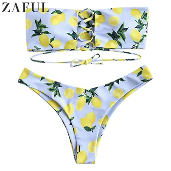 

Zaful Lemon Print Strapless Padded Bikini Lace-Up Bandeau Bikini Set For Women