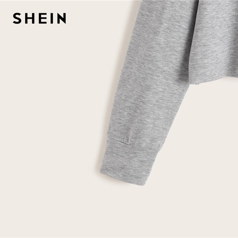 SHEIN Drop Shoulder Raw Hem Crop Sweatshirt Solid Pullover Women Summer Autumn Long Sleeve Round Neck Basic Casual Sweatshirts