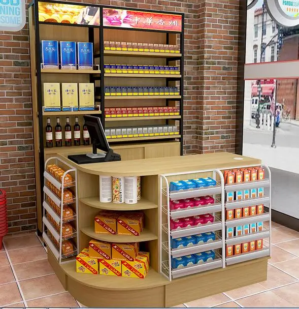 Convenience store cashier desk cigarette and wine cabinet combination supermarket shop small multi-functional steel supermarket candy shelf convenience store bulk food display rack multi layer shelves scattered called snack display cabinet