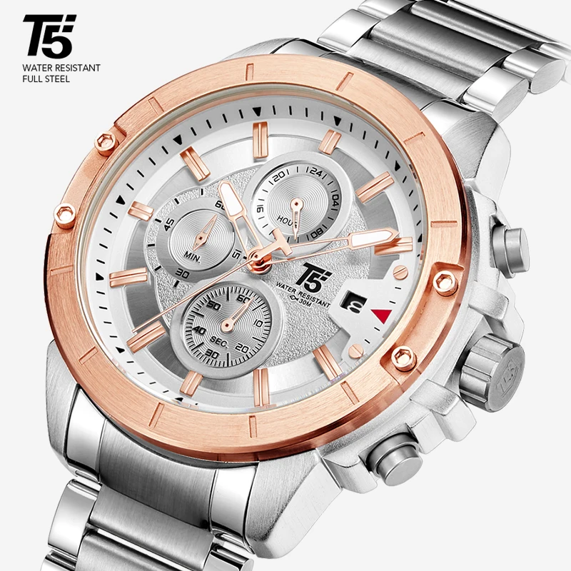 Роскошные мужские наручные часы T5 STeel H3636 черные кварцевые с хронографом