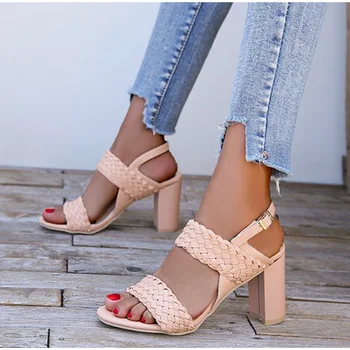 

Women High Heels Sandals Lattice Open Toe Woman Shoes Fashion Buakle Strap Thick Heels Ladies Sandalias Plus Size Summer 2020