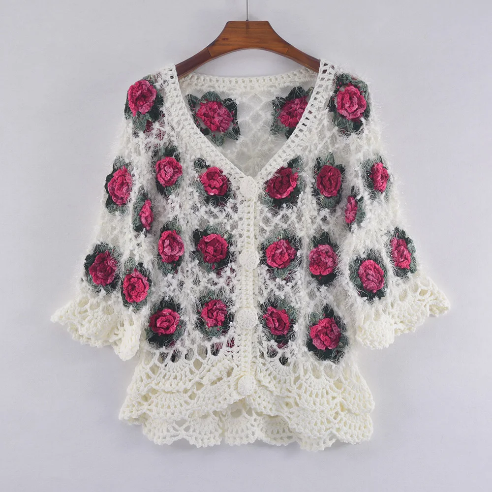 

2014 Fashion Hand Knitted Rose Hollow Out Three Quarter Sleeve Women's Sweater Hand Crochet Cardigan Sweater