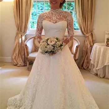

2020 New A-Line Backless Full Sleeve Lace Wedding Dress