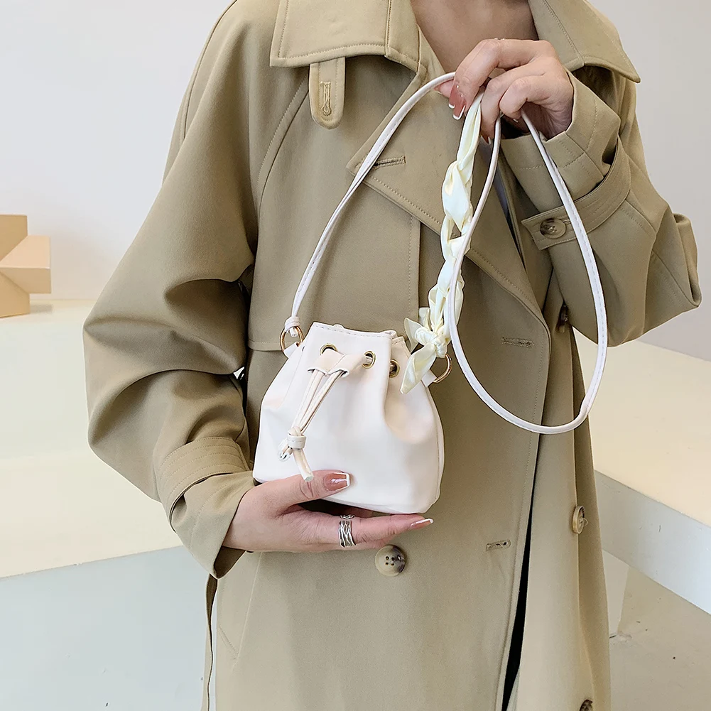 Bandolera de piel sintética suave para mujer, pañuelo de seda, bolso de cubo,  bolso de hombro con cordón, Mini bolsos para chicas| | - AliExpress