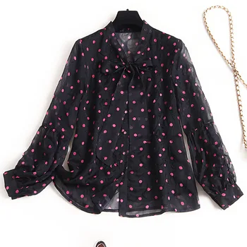 

Plus size women shirts new 2020 spring summer bow collar polka dot see through sexy tops blouses black blue