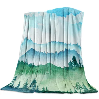 

Flannel Blanket for Bed Green Woodland Landscape Watercolor Throw Blanket Portable Soft Blanket Warm Sofa Bed Sheets