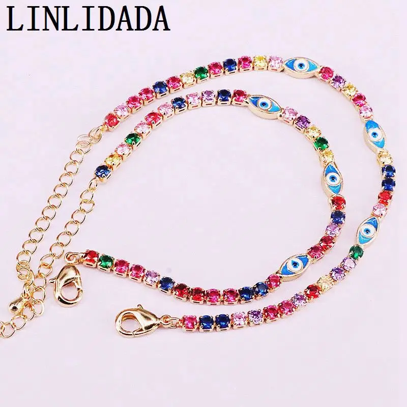 12 шт.,, голубой, белый, эмаль, глаза, прелести, золотой цвет, браслет для женщин с радугой, инкрустированный цирконами, Теннисный браслет, ювелирное изделие