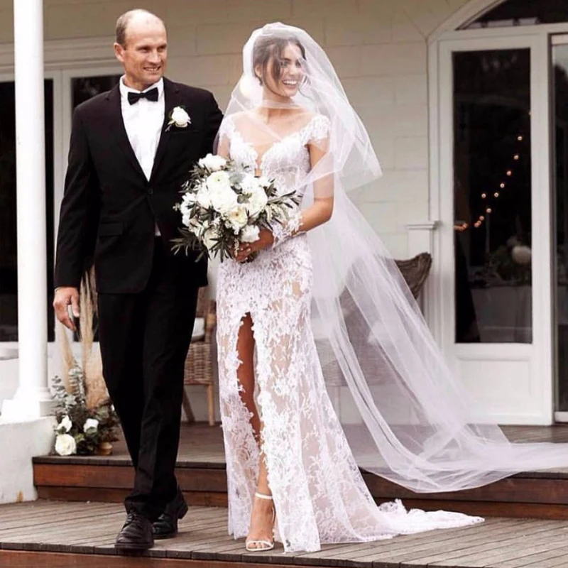 

Front Split Mermaid Wedding Dresses Long Sleeve Boho Lace Vestido De Noiva Bohemian Bridal Gowns