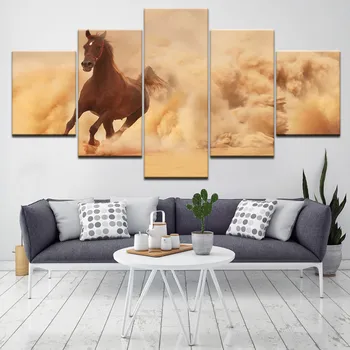 

Modern Running Horses Desert Flying Dust Hd Photography 5Pcs Frameless Canvas Printing Home Decoration Posters