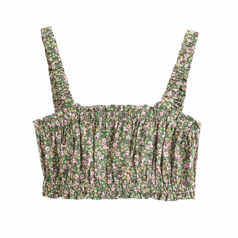 Новинка 2020 Женская шикарная короткая блузка на бретельках с цветочным принтом