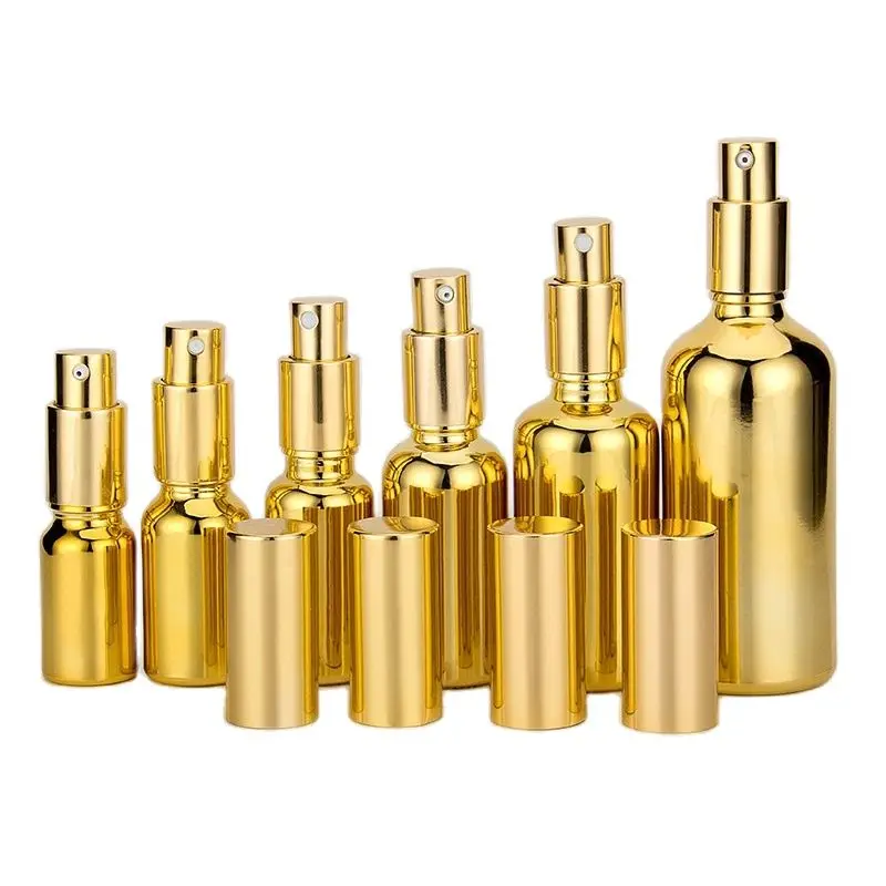 

50PCS Gold Glass Bottle Cosmetic Packaging Serum Lotion Pump Spray Bottle Atomizer 10ML-100ML