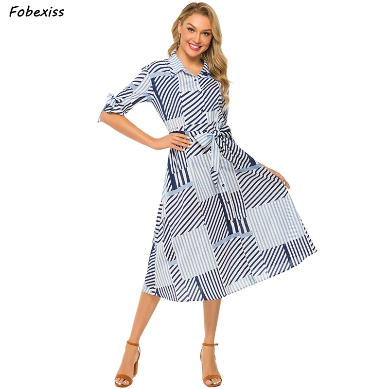 

Plaid Dress Women Fall 2019 Fashion Three Quarter Sleeve Lace Up Midi Loose Casual Dress Elegant Plaid Blue Dress Office Lady