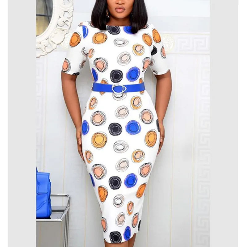 

Women Dot Print Knee Length Dress OL Style Work Dress O Neck Short Sleeve Bodycon Mid Dresses