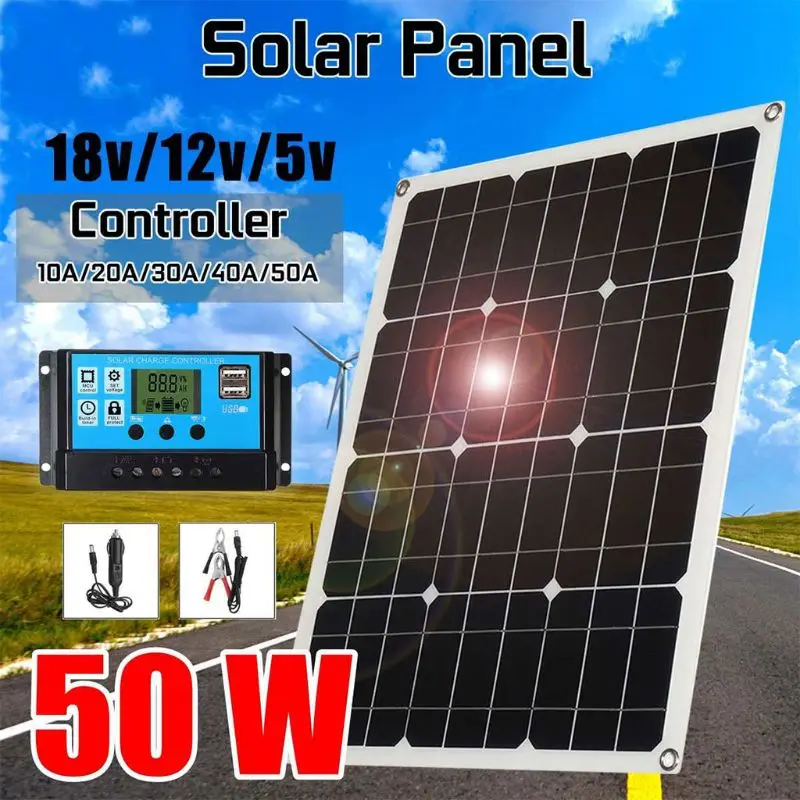 

50W Portable Solar Outdoor Power Generation Board Waterproof Solar Panel Battery Usb Output Controller