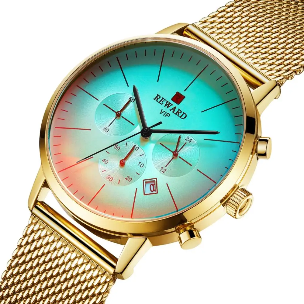 

REWARD 2020 Mens Watches Top Brand Luxury Fashion Mesh Stainless Steel Mirror Variable Color Bright Quartz Watch Men Sport Watch