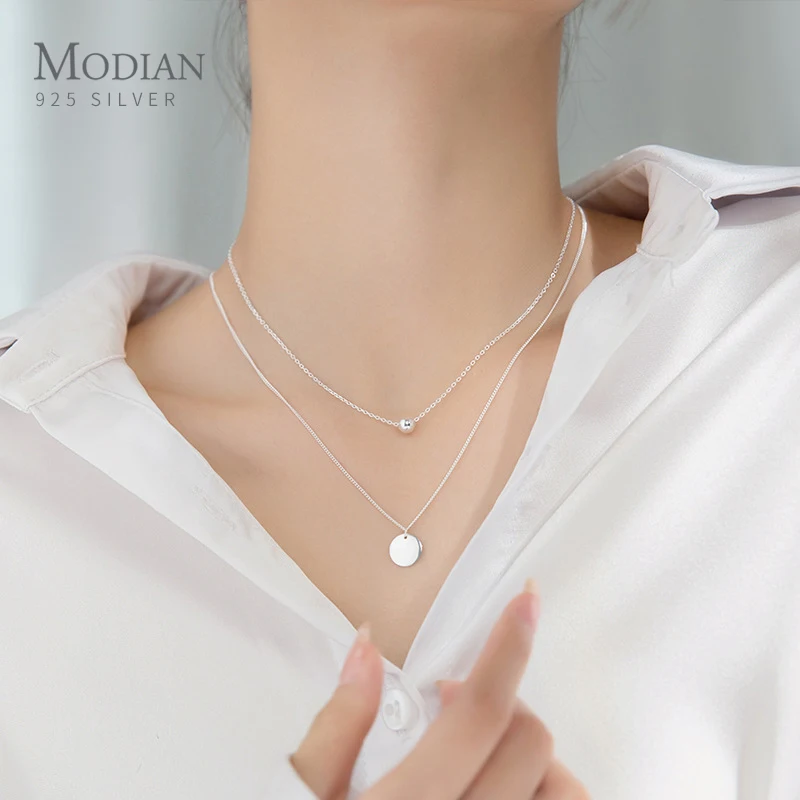 Pendant Necklace Silver Necklace Silver Pendant Silver Necklace Charms Modian Simple Design Beads Ball Coin 925 Sterling Silver Pendant For Women Girl Double Layer Basic Chain Necklace Fine Jewelry