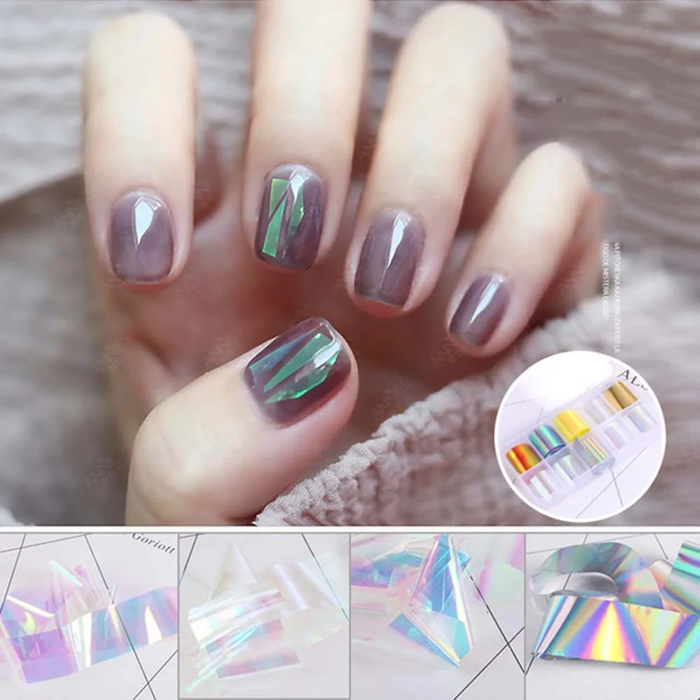 Glitter Decal Transfer Paper Nail Stickers Nails Art Decoration Laser Cellophane Nail Foil Film Aurora Broken Glass Foils