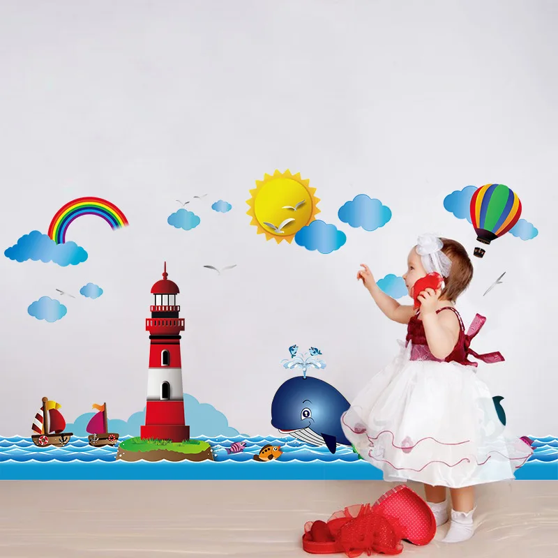 Sea Dolphin Sun Cloud wall sticker living room bedroom decoration minimalist style art mural stickers for kids rooms | Дом и сад