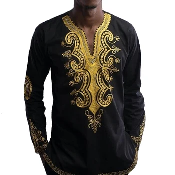

Men African Dahsiki Bazin Riche Clothes Long Sleeve Retro Robes Homme Ankara Print T-shirt Casual Tees Tops Africa Loose Blouse