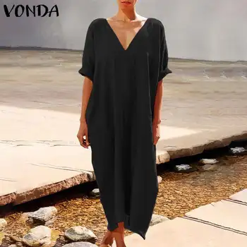 

VONDA Summer Maternity Dress 2020 Women Casual V Neck 3/4 Sleeve Solid Party Dresses Bohemian Beach Sundress Pregnancy Robe