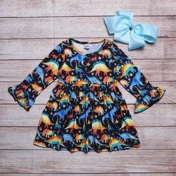 Outono meninas roupas preto manga longa em torno do pescoço cor dinossauro impressão padrão vestidos da menina
