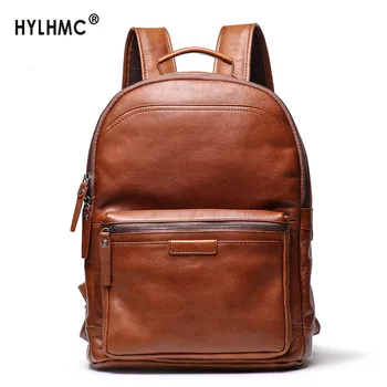 

Men's Backpack Large Capacity Schoolbag Men Laptop Bag Genuine Leather Travel Bag Retro Backpacks First Layer Cowhide 2020 New