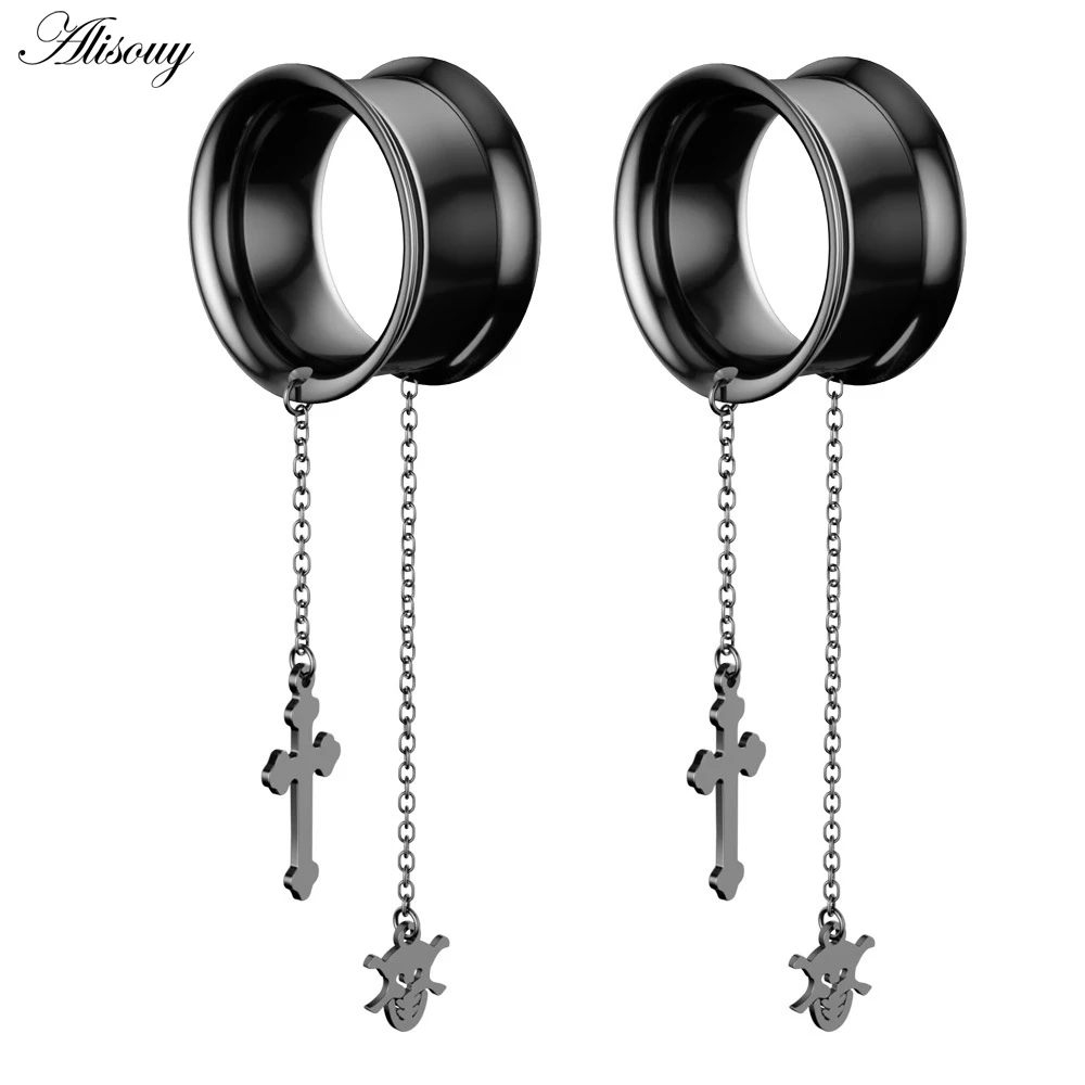 EM0936B Black Alisouy 2 шт нержавеющая сталь крест и череп цепь Кулон Уха Туннель Пирсинг расширитель уха Туннели для растягивания ореха пирсинг - Окраска металла: EM0936B Black