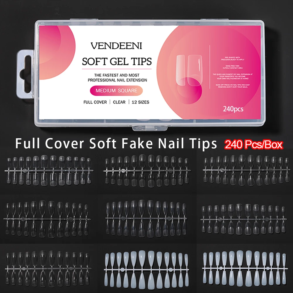 

Vendeeni 240 Pcs/Set Full Cover False Nail Tips 12 Sizes Mixed White Clear Fake Nail Tips Flexible Resin Nail Art Extension Tool