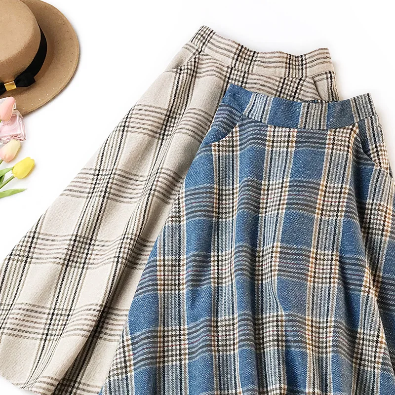 Qooth England Style Blue Beige Plaid High Waist Midi Skirts Woolen Skirts A Line Pleated Winter Women Tartan Skirts qh2081