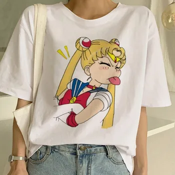 

Funny Sailor Moon T-shirt Women Short Sleeve Aesthetic Cute cat Cartoon Graphic Tshirt Tops Harajuku Summer T Shirts Female