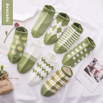 

Summer Thin Kawaii Women Socks Ins Avocado Green Plaid Short Socks Japanese Cute Won't Fall Off The Root Happy Casual Boat Socks