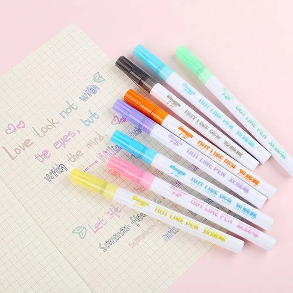 Colored Ink Pen Coloured Markers Textas Gift Card Writing and Drawing Double Line Outline Pen 8 Color for Child Painting diy #4  (2)